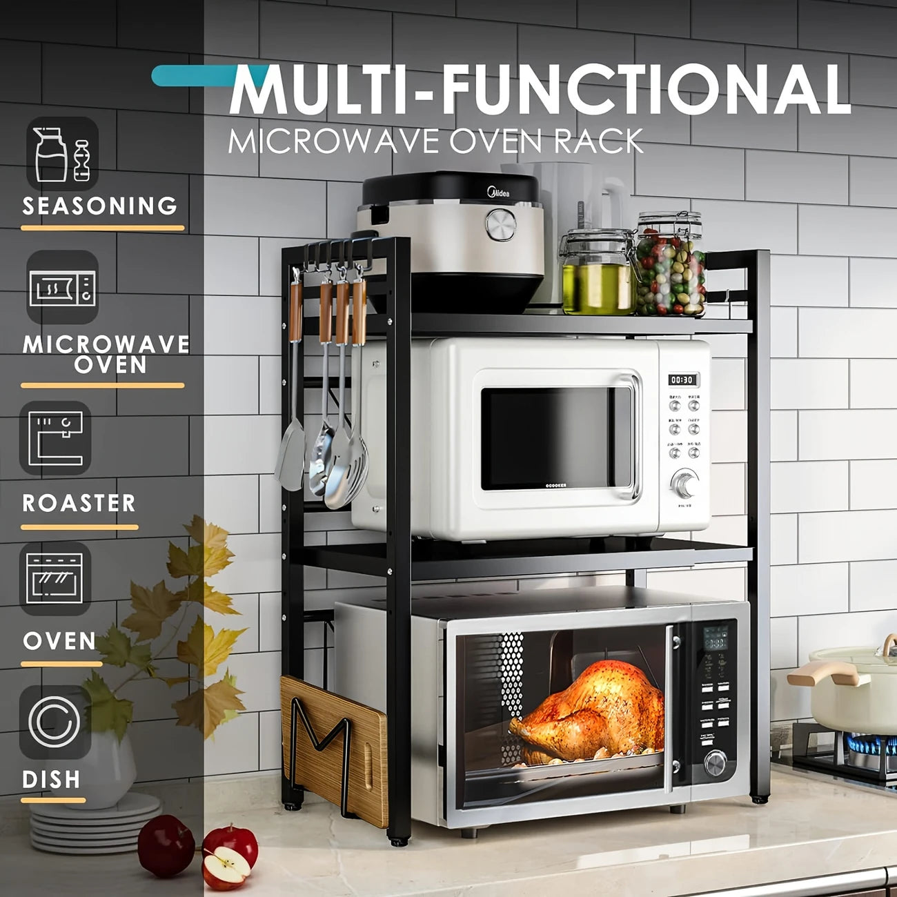 Extendable 3-Tier Microwave Shelf with Hooks