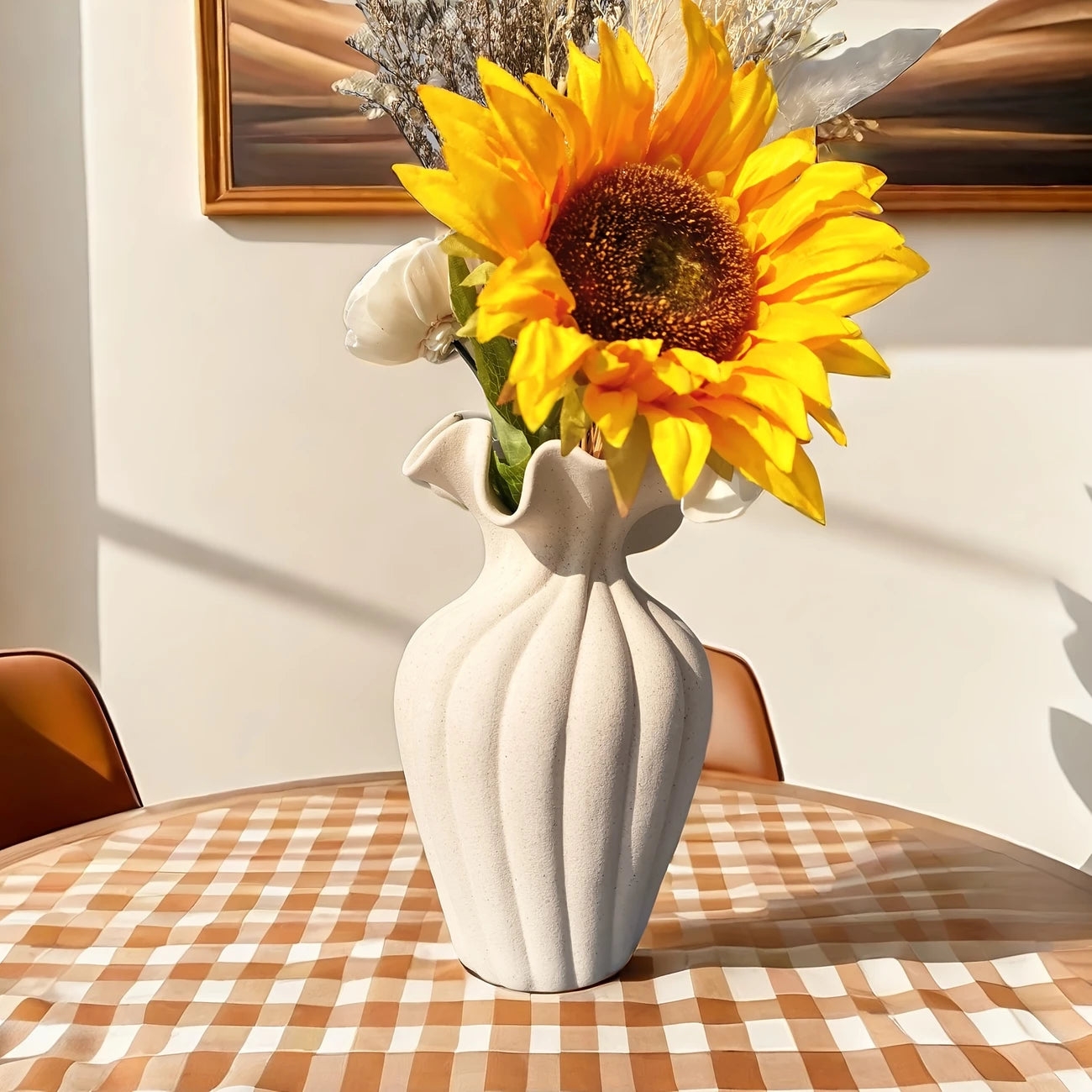 Striped Ceramic Vase with Sculptural Skirt Element Design