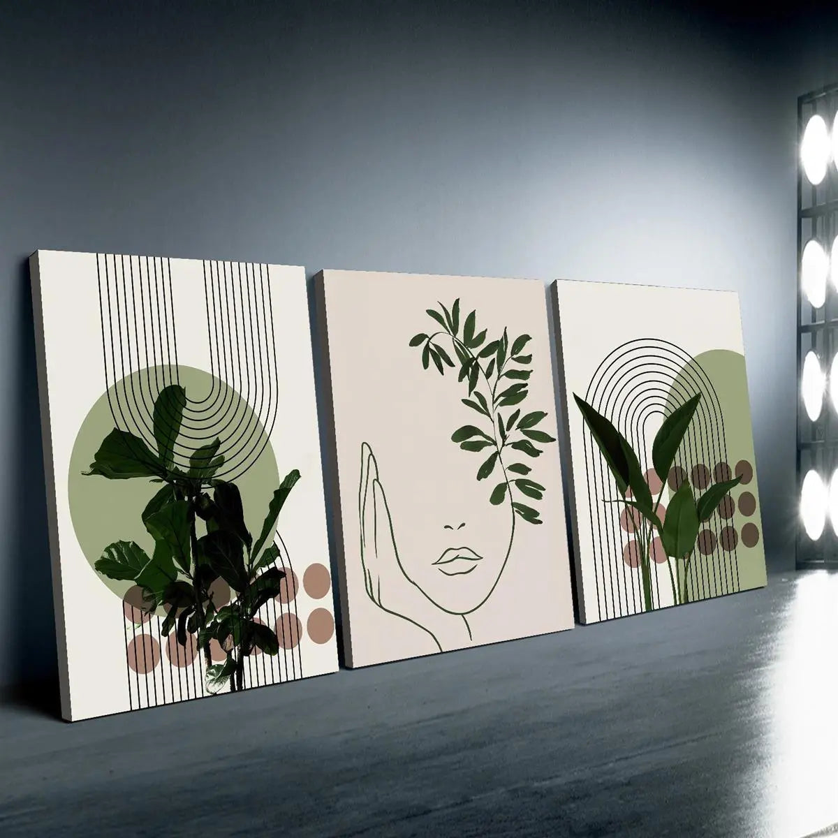 Abstract Line Faces & Green Plant Prints on Waterproof Canvas