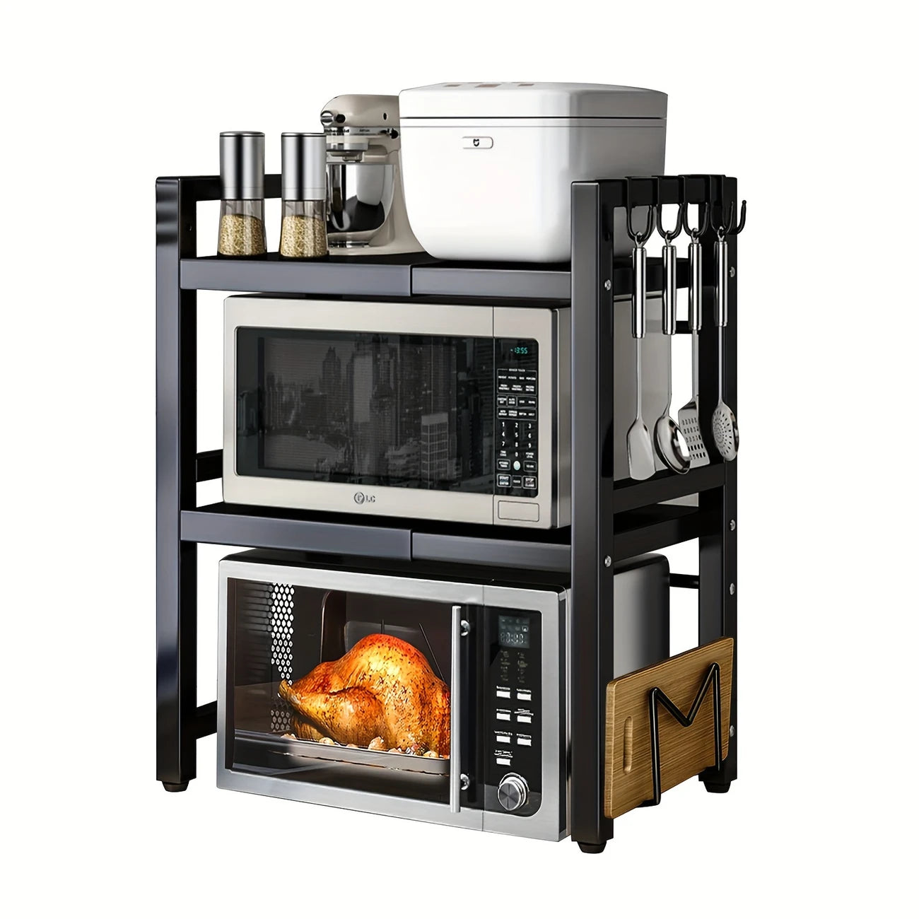 Extendable 3-Tier Microwave Shelf with Hooks