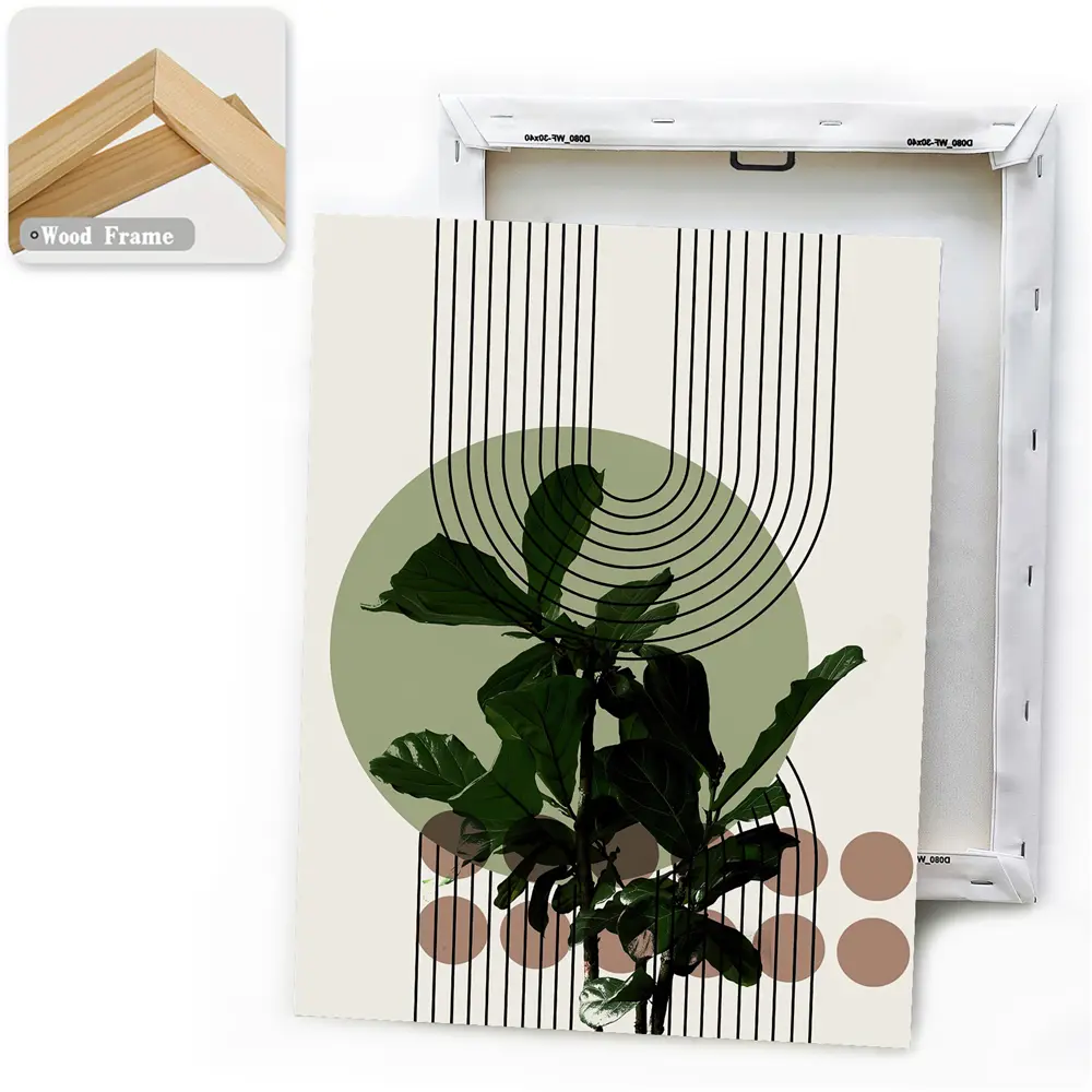 Abstract Line Faces & Green Plant Prints on Waterproof Canvas