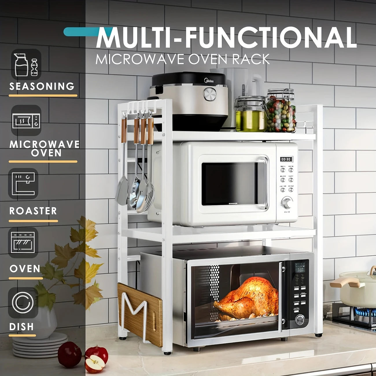 Extendable 3-Tier Microwave Shelf with Hooks