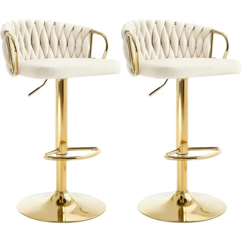Elegant White Velvet Adjustable Bar Stools with Golden Metal Frame 2pcs