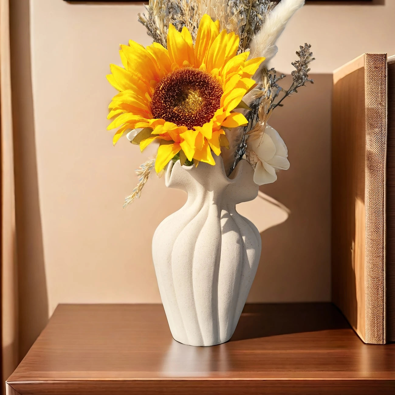 Striped Ceramic Vase with Sculptural Skirt Element Design