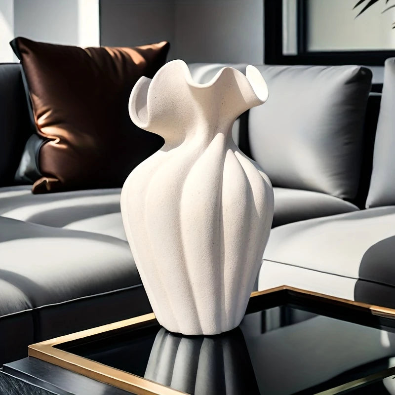 Striped Ceramic Vase with Sculptural Skirt Element Design