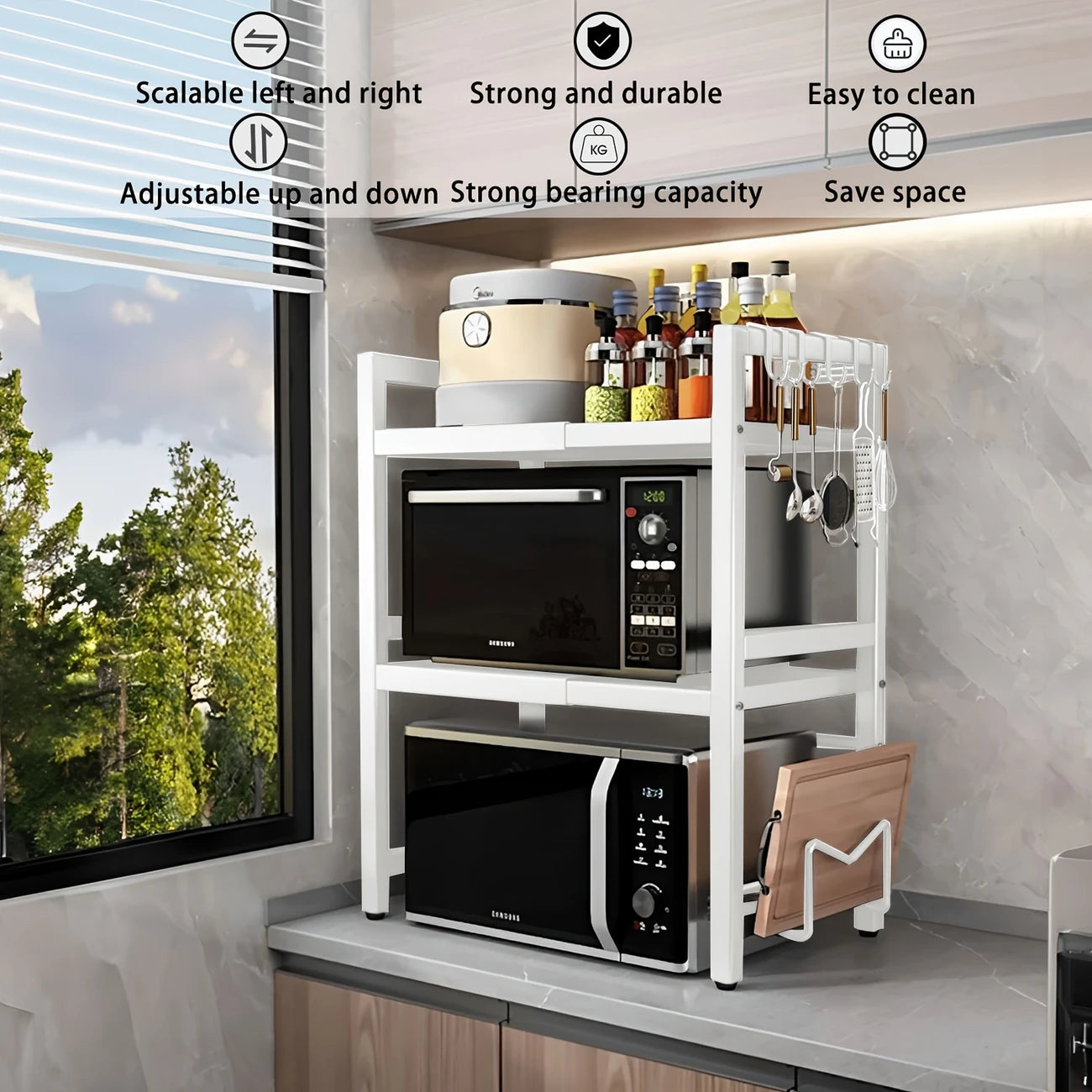 Extendable 3-Tier Microwave Shelf with Hooks