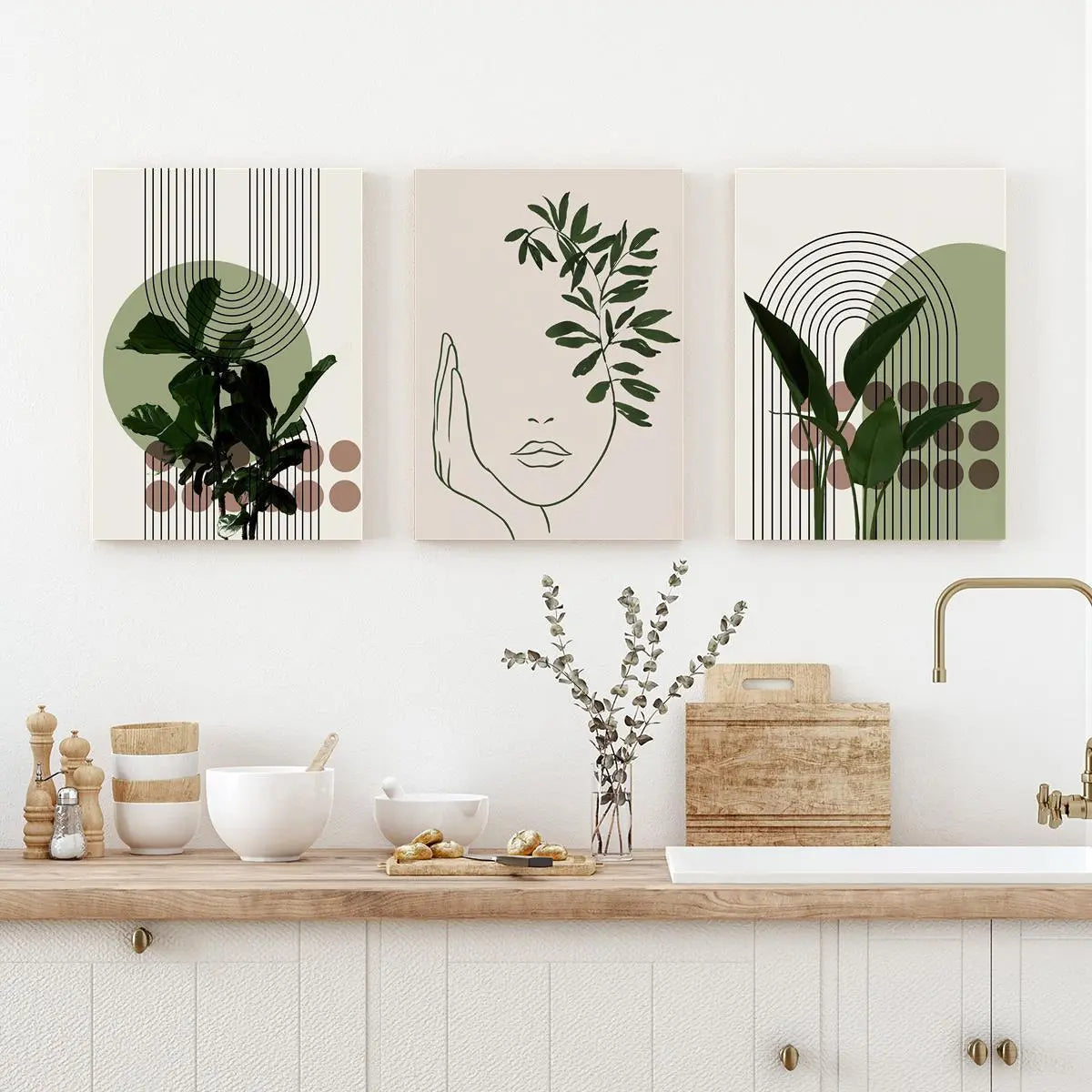 Abstract Line Faces & Green Plant Prints on Waterproof Canvas