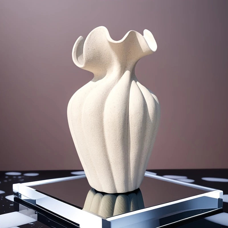 Striped Ceramic Vase with Sculptural Skirt Element Design
