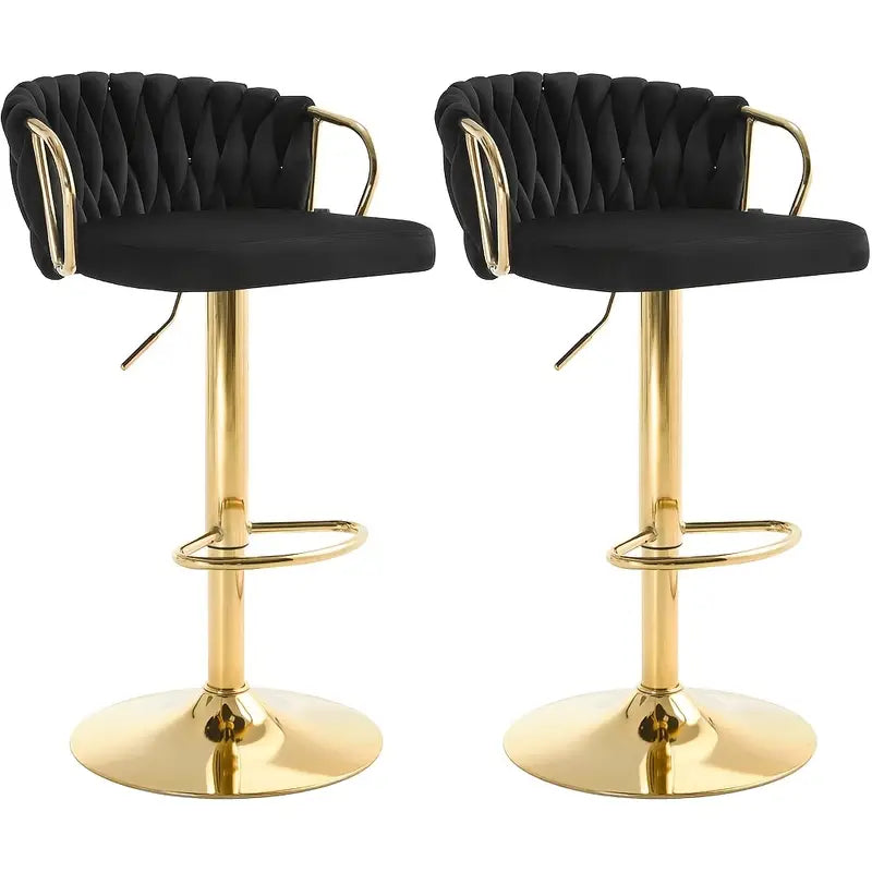 Elegant White Velvet Adjustable Bar Stools with Golden Metal Frame 2pcs