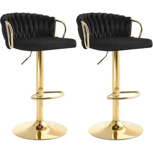 Elegant White Velvet Adjustable Bar Stools with Golden Metal Frame 2pcs