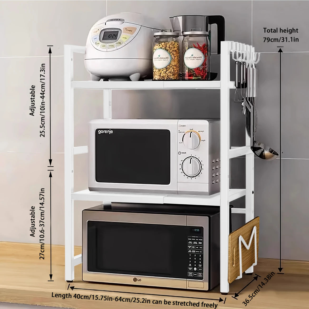 Extendable 3-Tier Microwave Shelf with Hooks