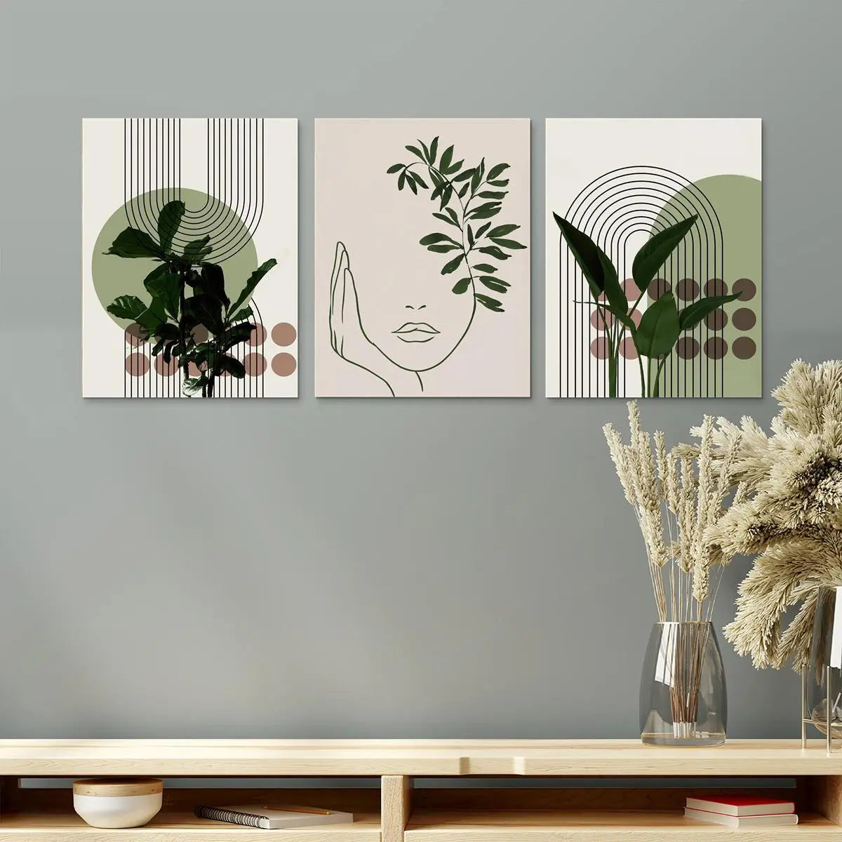 Abstract Line Faces & Green Plant Prints on Waterproof Canvas