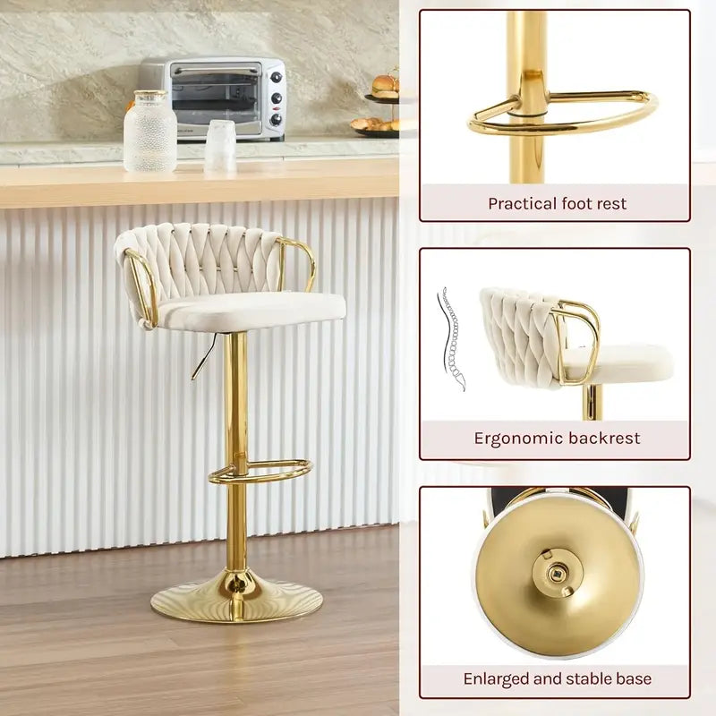 Elegant White Velvet Adjustable Bar Stools with Golden Metal Frame 2pcs