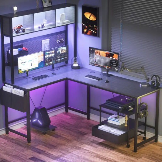 L-Shaped Computer Desk with Wall Panel