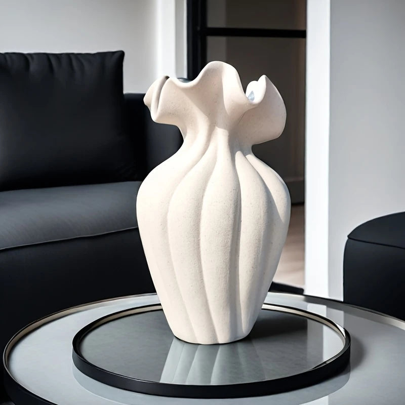 Striped Ceramic Vase with Sculptural Skirt Element Design