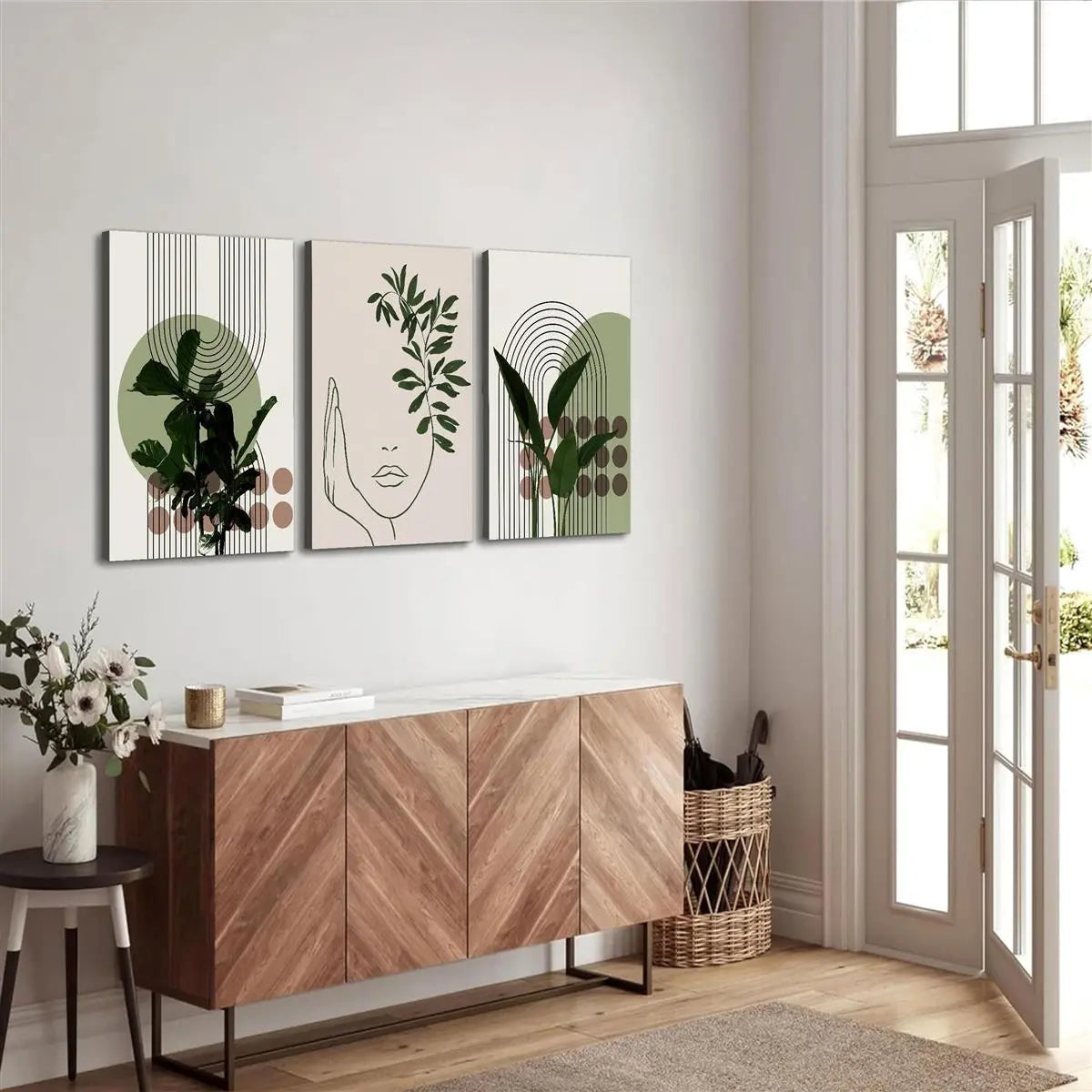 Abstract Line Faces & Green Plant Prints on Waterproof Canvas