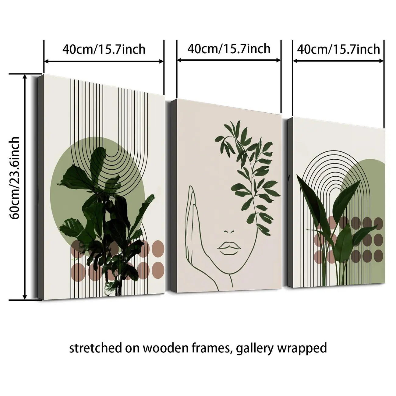 Abstract Line Faces & Green Plant Prints on Waterproof Canvas