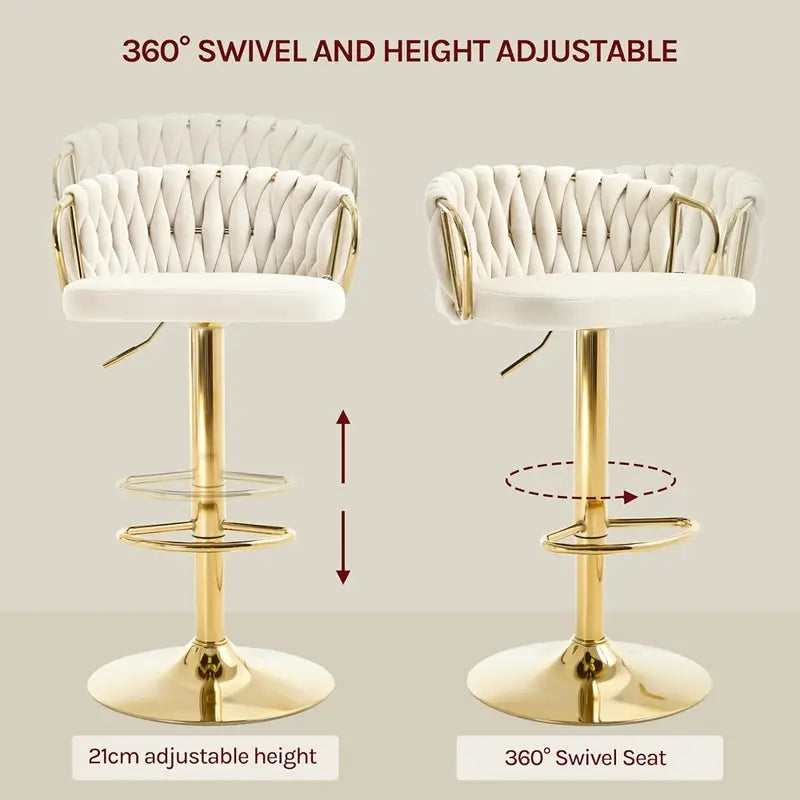Elegant White Velvet Adjustable Bar Stools with Golden Metal Frame 2pcs