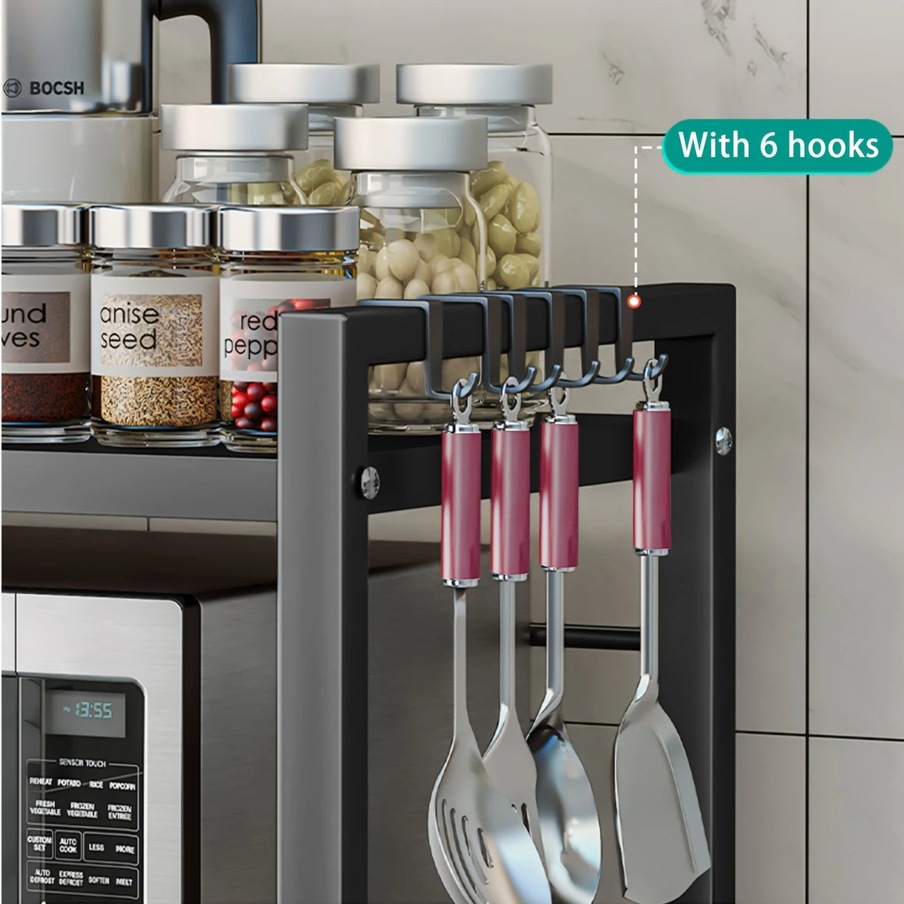 Extendable 3-Tier Microwave Shelf with Hooks