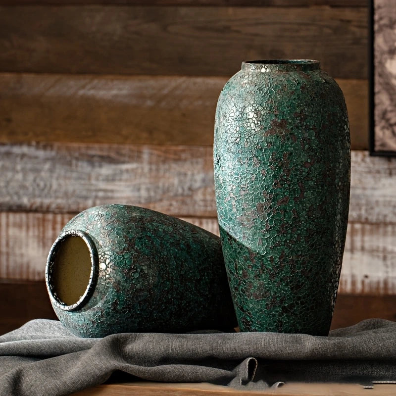 Large Rustic Green Ceramic Vase