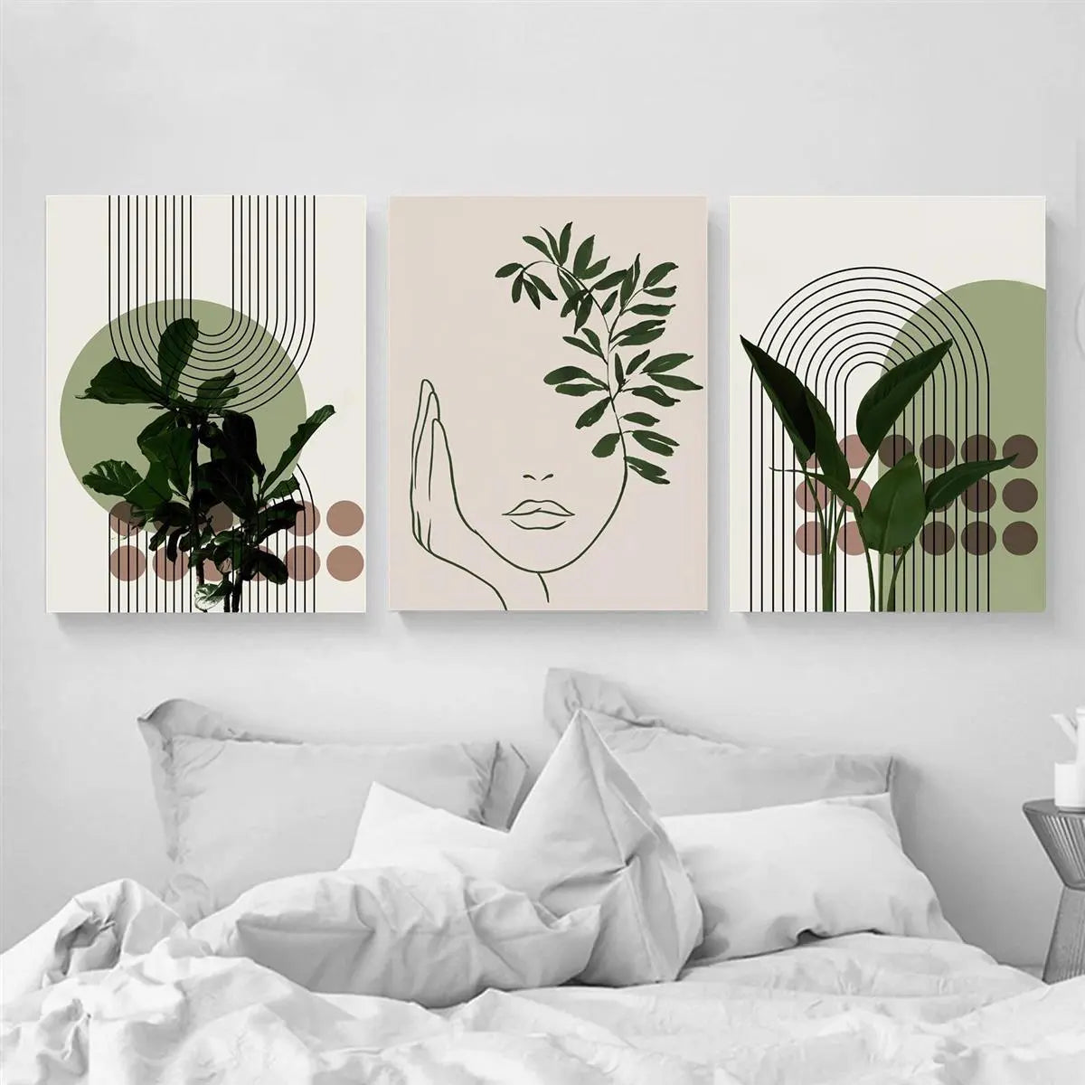 Abstract Line Faces & Green Plant Prints on Waterproof Canvas