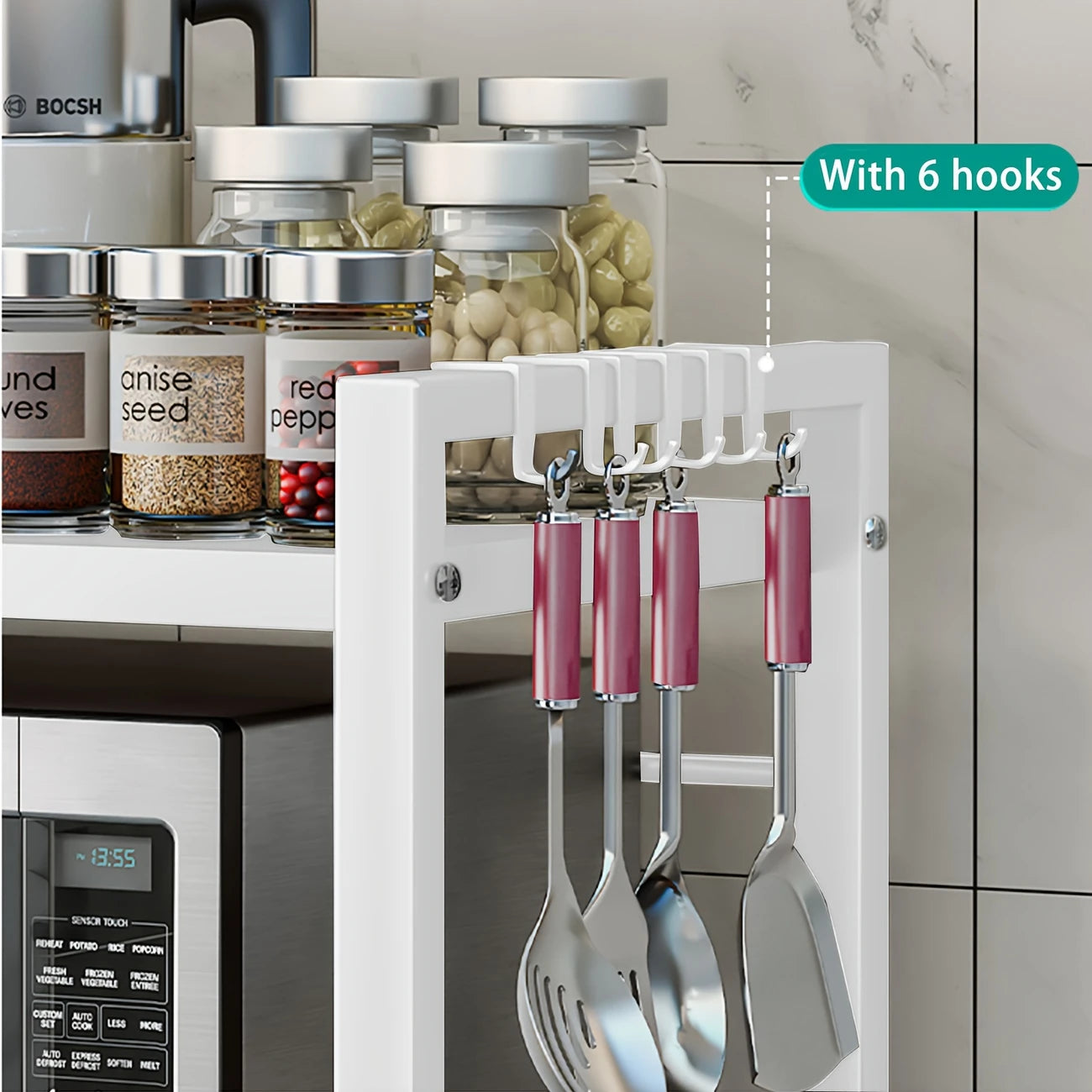 Extendable 3-Tier Microwave Shelf with Hooks
