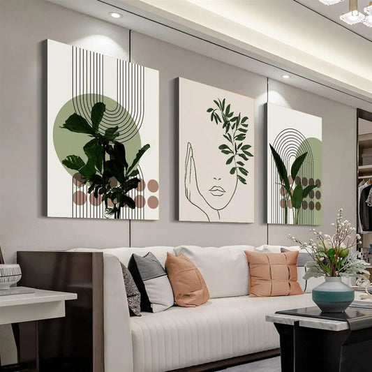 Abstract Line Faces & Green Plant Prints on Waterproof Canvas